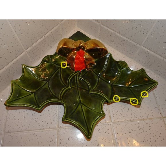 Vintage Ceramic Holly Serving Dish mcm Christmas candy dish retro 1970s - Picture 12 of 12